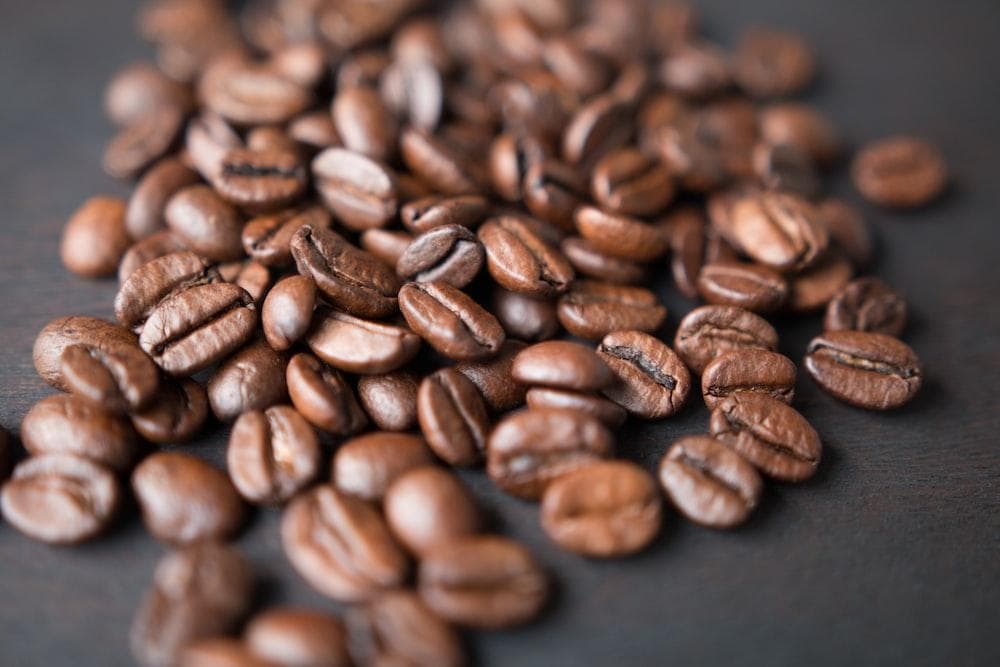 Dark and shiny roasted coffee beans ready to be ground for a perfect cup